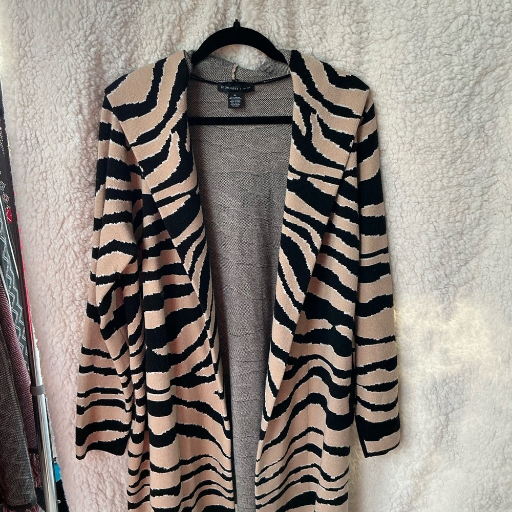 Joan Vass Zebra Striped Cardigan in Black and Tan